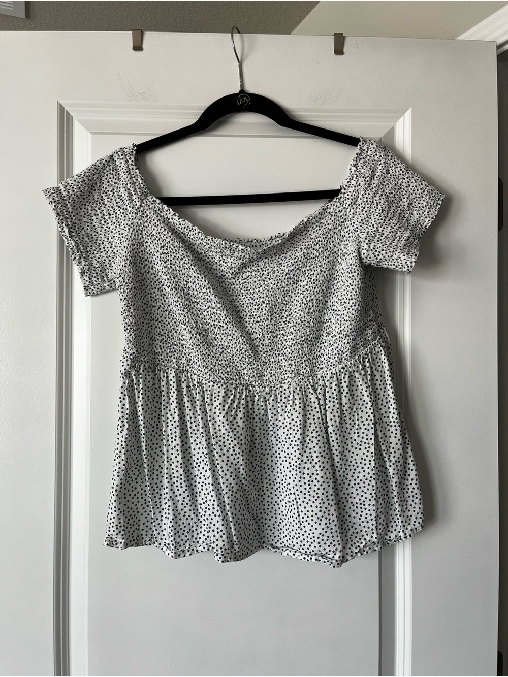 Off-Shoulder Polka Dot Peplum Top - White/Blue